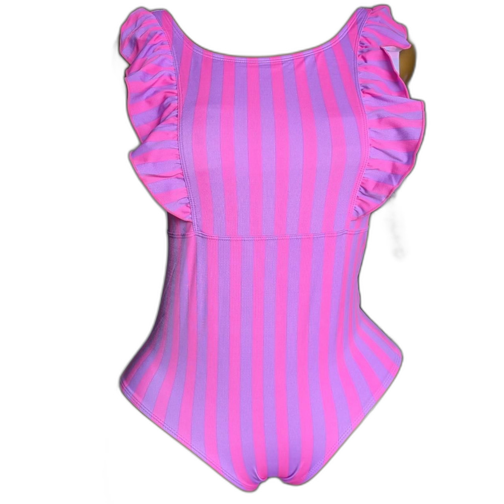 Cat-jack Women's Pink and Purple Striped One-Piece Swimsuit Ruffle UPF 50+ NWT